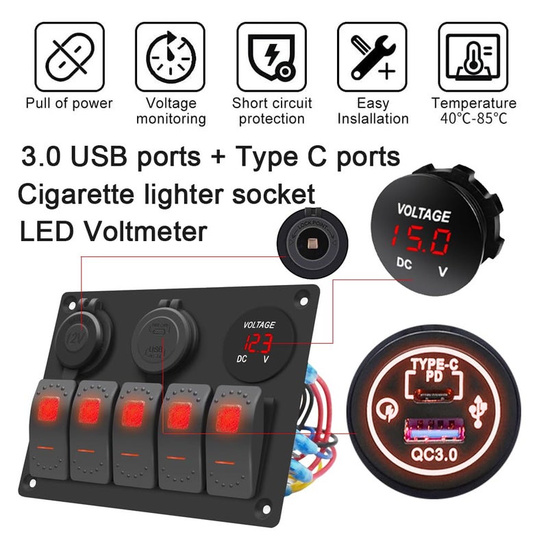 Garfour Red 5 Gang Waterproof Boat Switch Panel Marine Rocker Switch with 12V Voltmeter Type-C and QC 3.0 USB Charging Socket for Car Boat - Image 2